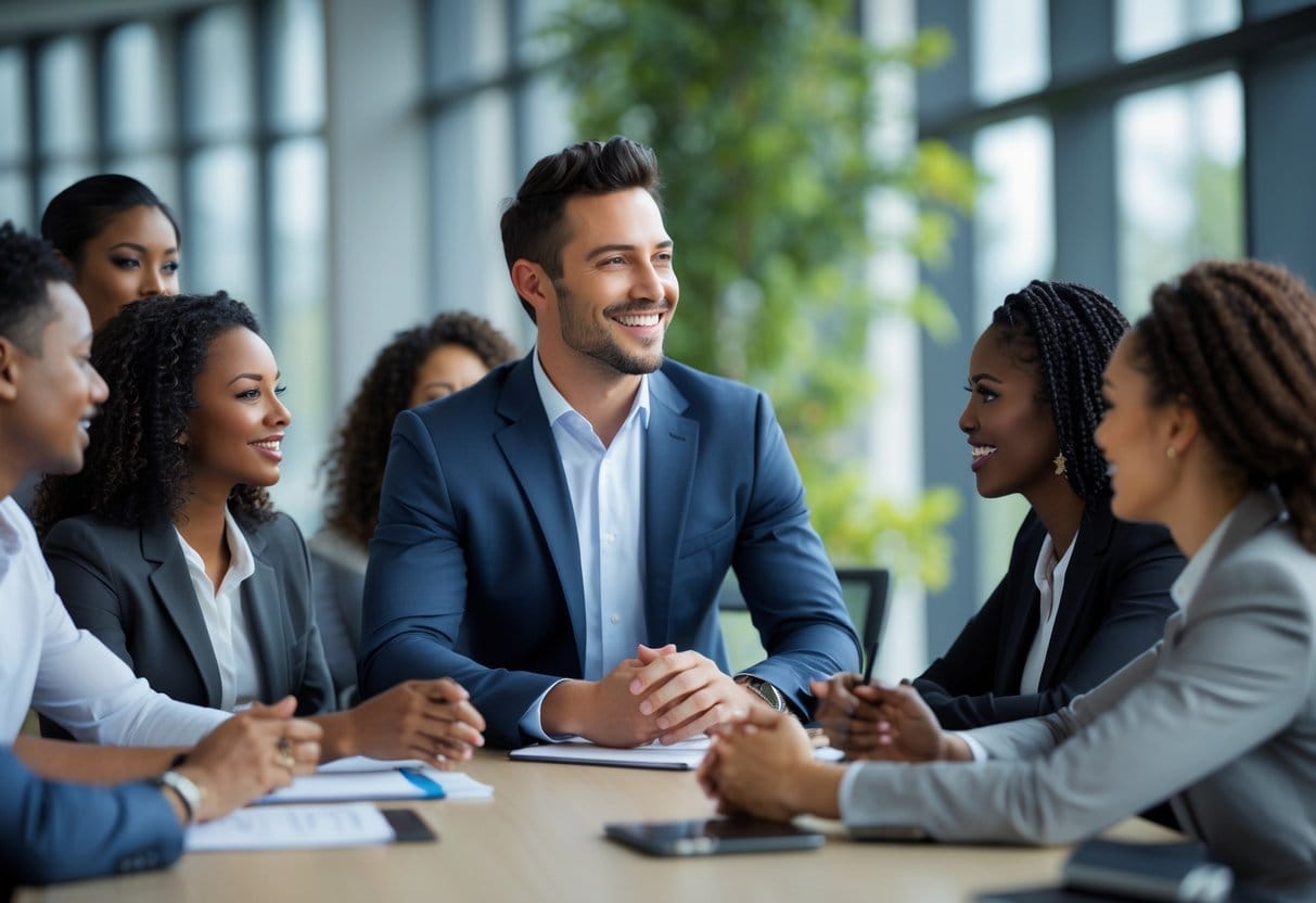 A business leader engaging warmly with a diverse team in a modern office meeting.