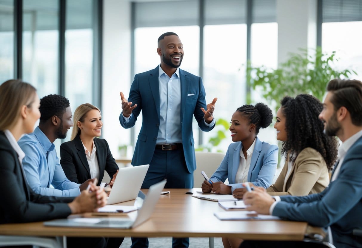 A diverse group of business professionals in a modern office, with a confident leader speaking to an engaged team.
