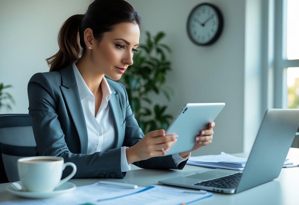 A businesswoman reviewing her schedule on a tablet at a desk with a laptop and coffee, with a wall clock visible in the background.