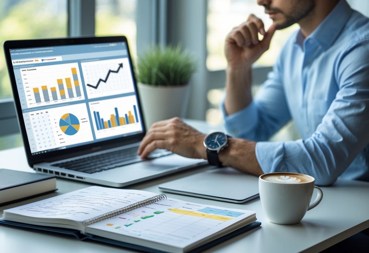 A person at a desk reviewing charts on a laptop with a planner, clock, and coffee cup nearby, symbolizing time management.