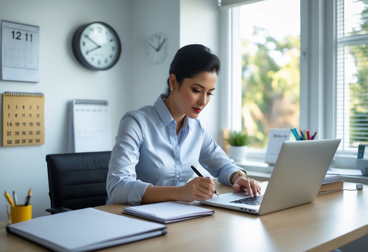 Person sitting at a desk with a laptop and notebook, preparing to track their time in a bright home office.