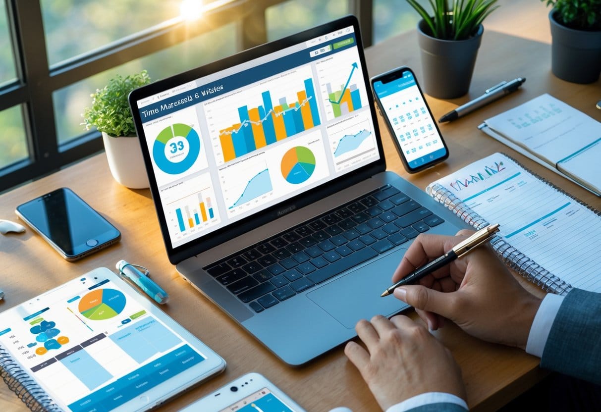A person working at a desk with a laptop, smartphone, tablet, notebook, and coffee cup, focusing on time management and productivity tools.