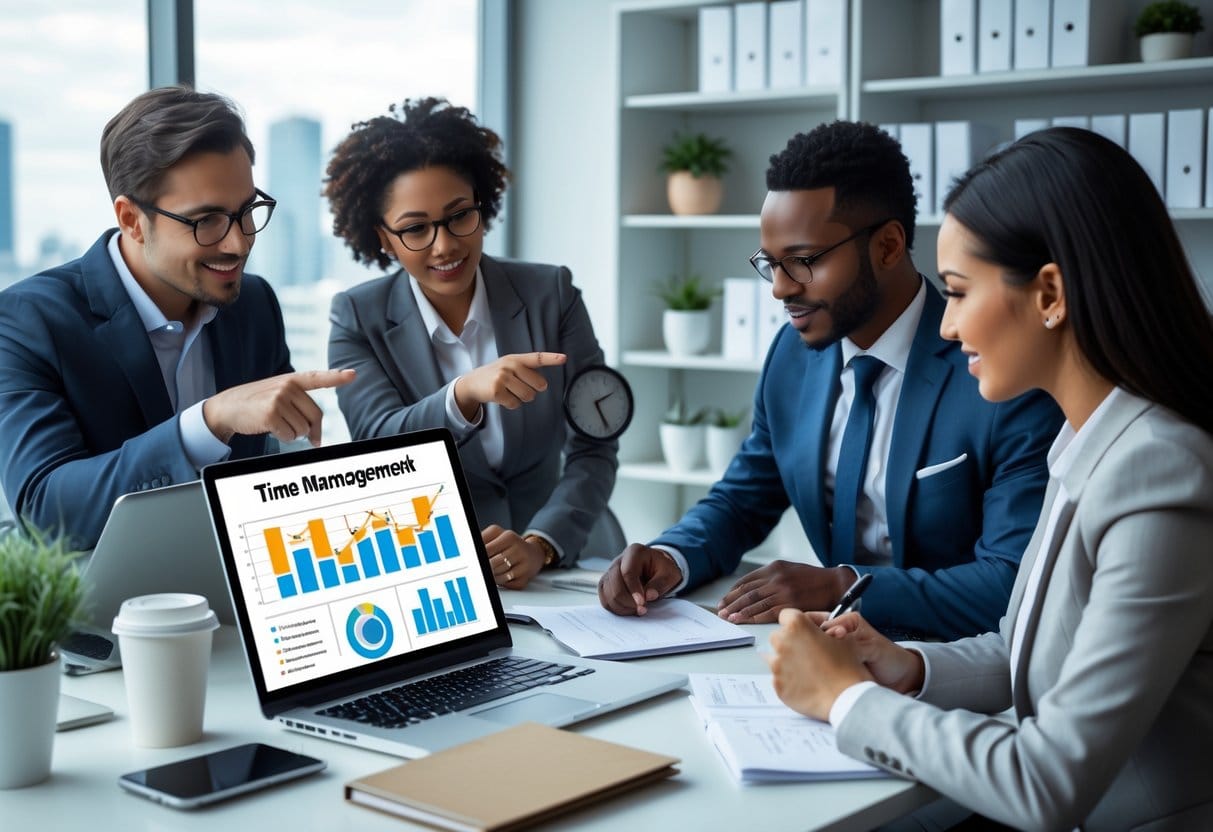 A group of professionals working together in an office, analyzing charts on a laptop and taking notes at a desk.