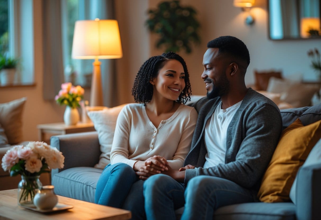 A couple sitting closely on a sofa, smiling and talking warmly with each other in a cozy living room.