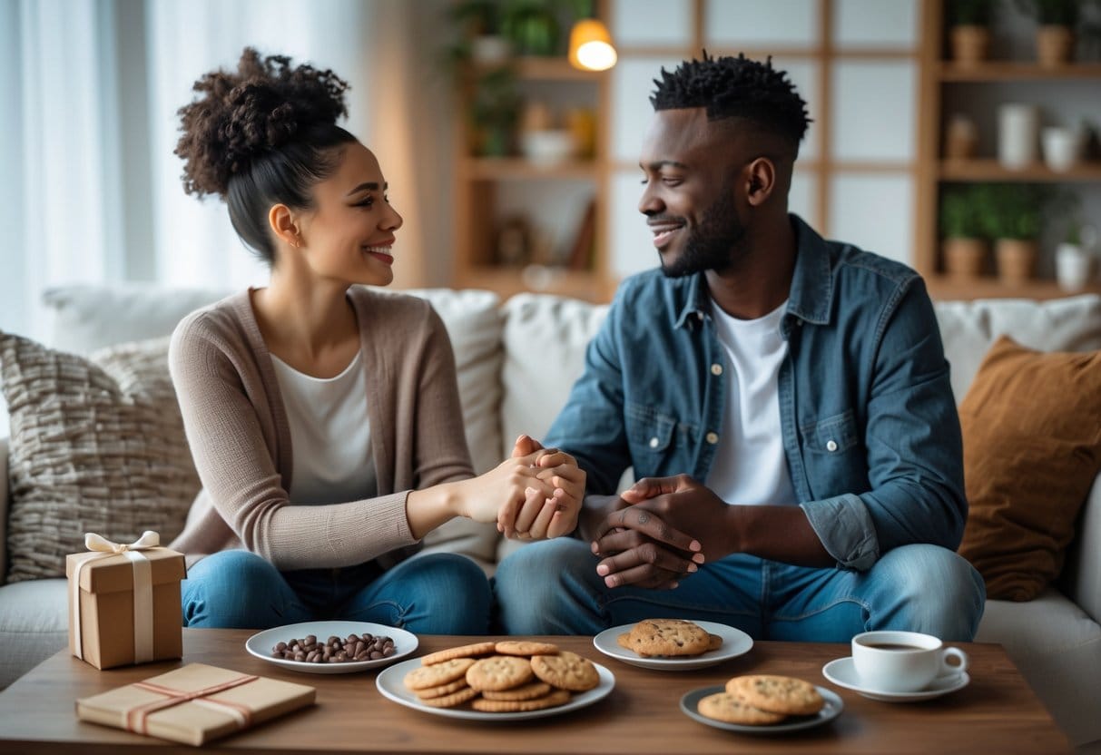 A couple sitting at a table with symbolic items representing different ways to show love, engaged in a warm conversation.