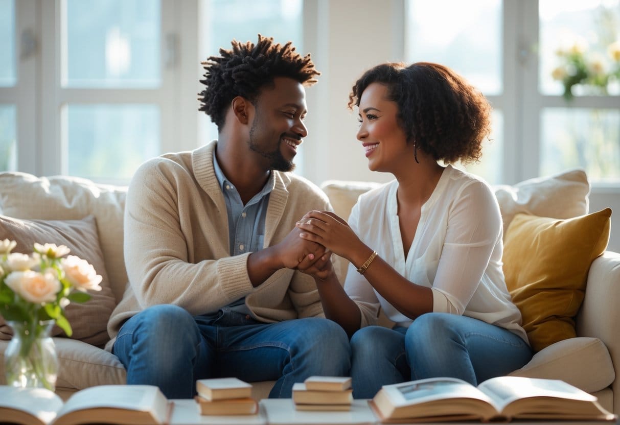 A couple sitting together on a sofa, holding hands and smiling while talking in a bright living room.