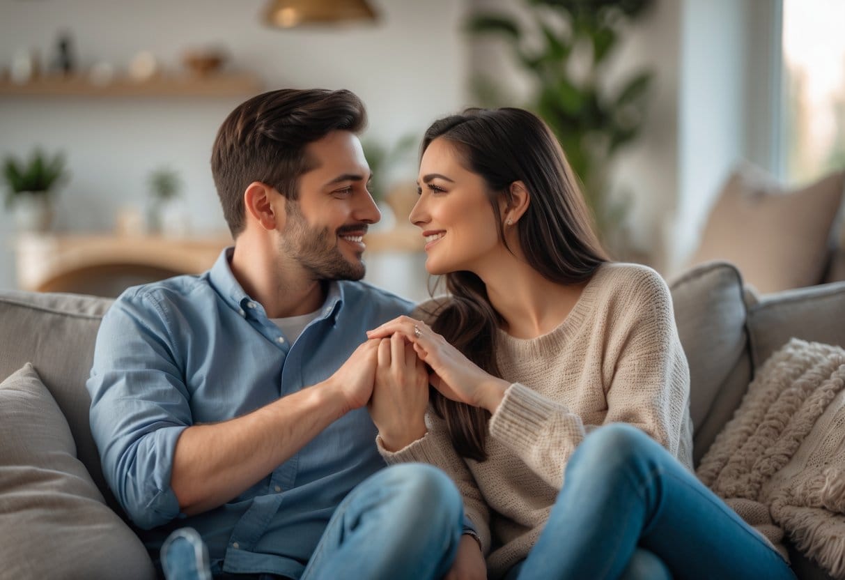 A couple sitting closely on a couch, holding hands and looking at each other affectionately in a cozy living room.