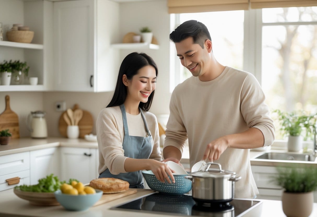 A couple working together in a kitchen, one washing dishes and the other preparing food, showing care and cooperation.