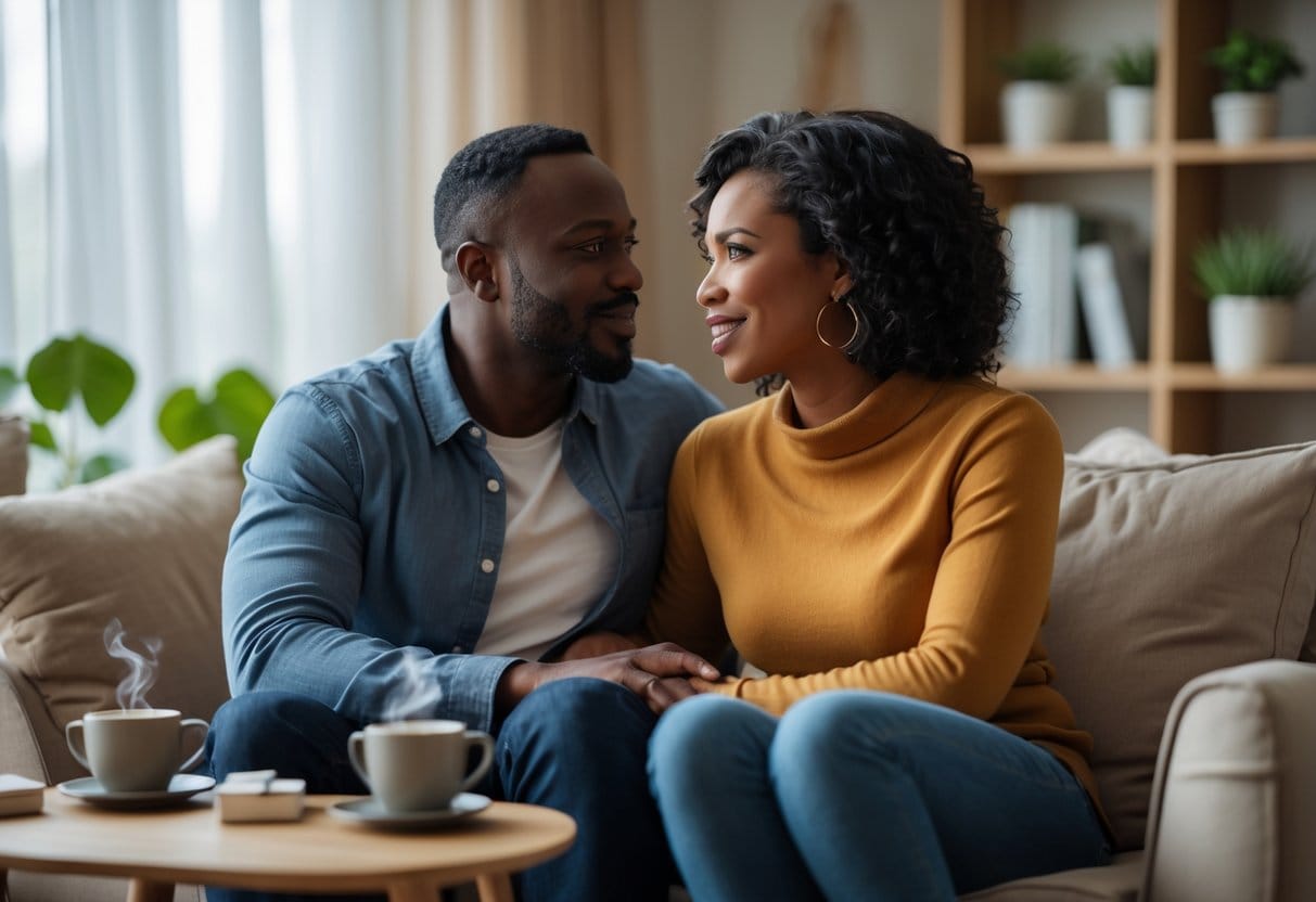 Two adults sitting closely on a sofa, engaged in a warm and meaningful conversation in a cozy living room.