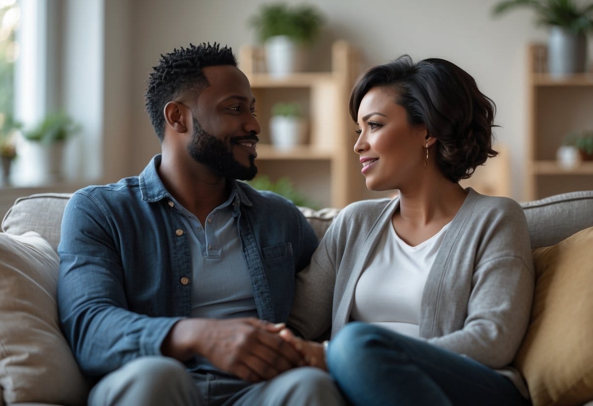Two adults sitting closely on a sofa, looking at each other with gentle expressions in a cozy living room.