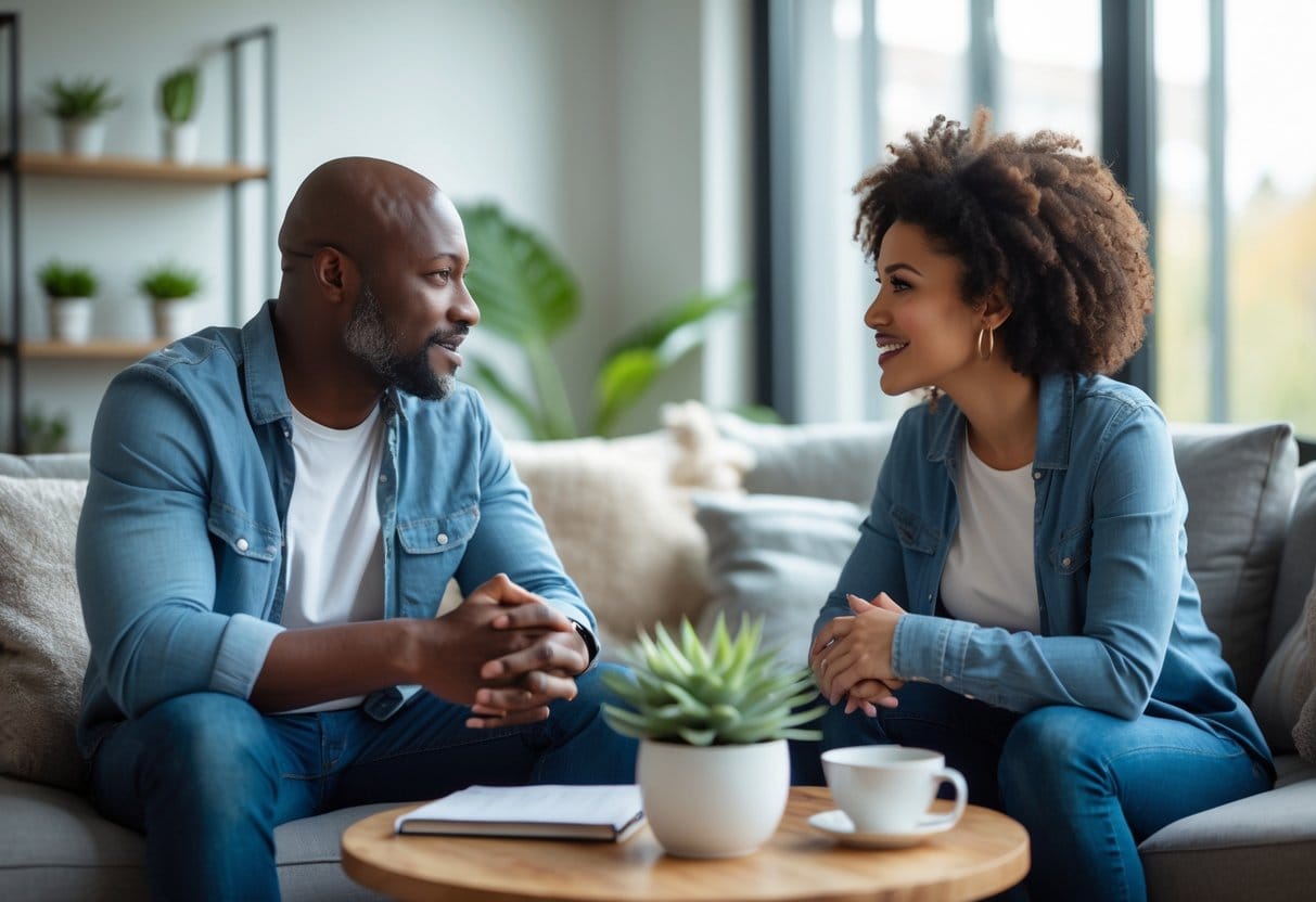 Two adults sitting closely in a living room, engaged in a warm and meaningful conversation.