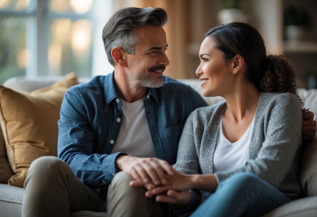 A man and woman sitting close together in a cozy living room, looking at each other with warm smiles and gentle touch, sharing an intimate and meaningful moment.