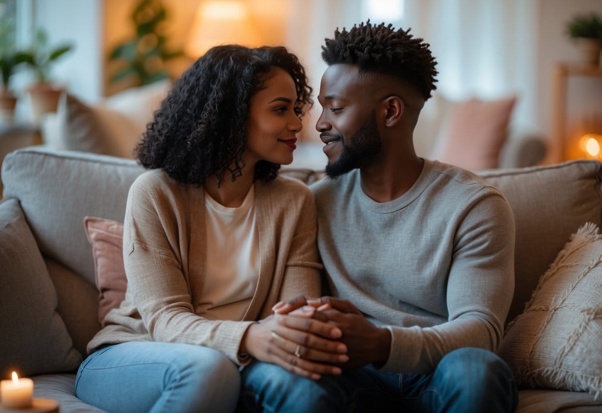 A couple sitting closely on a sofa, holding hands and looking at each other affectionately in a cozy living room.