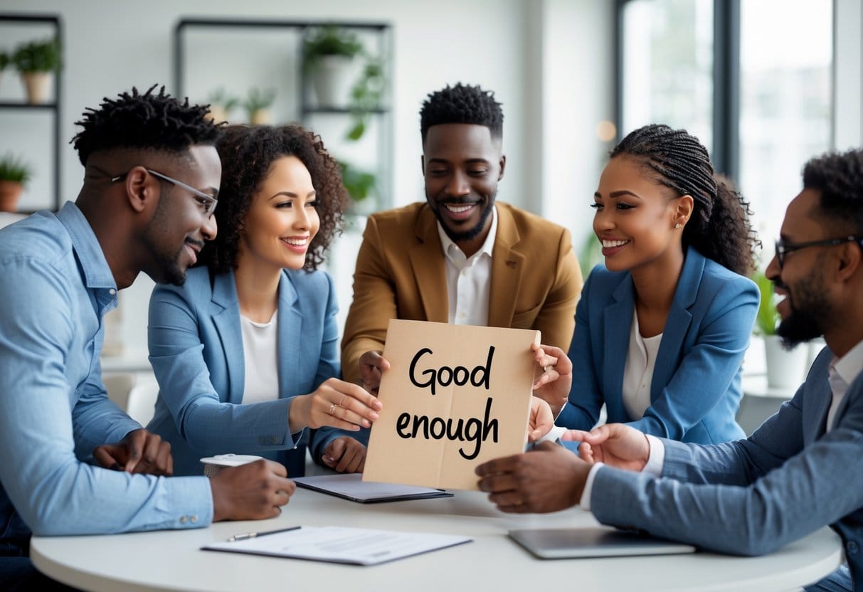 A group of people working together around a table in a bright office, sharing ideas and showing support.