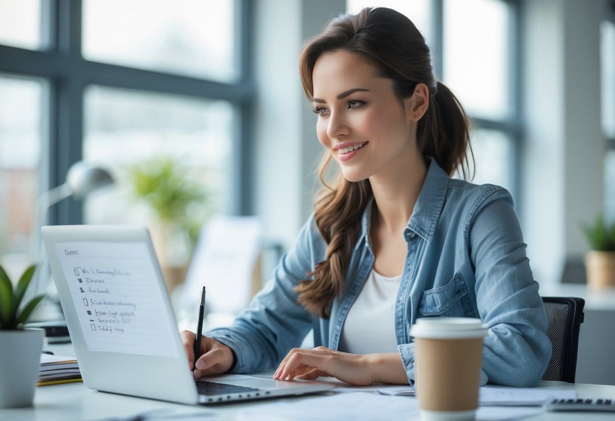 A young woman sitting at a desk in a bright office, smiling and reviewing notes with a relaxed posture.