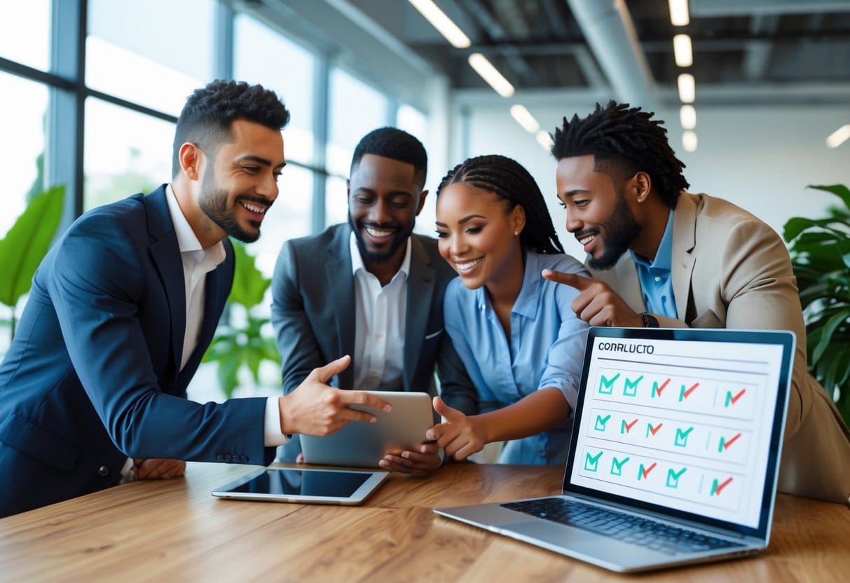 Three professionals collaborating around a table in an office, smiling and reviewing a completed project on a laptop.