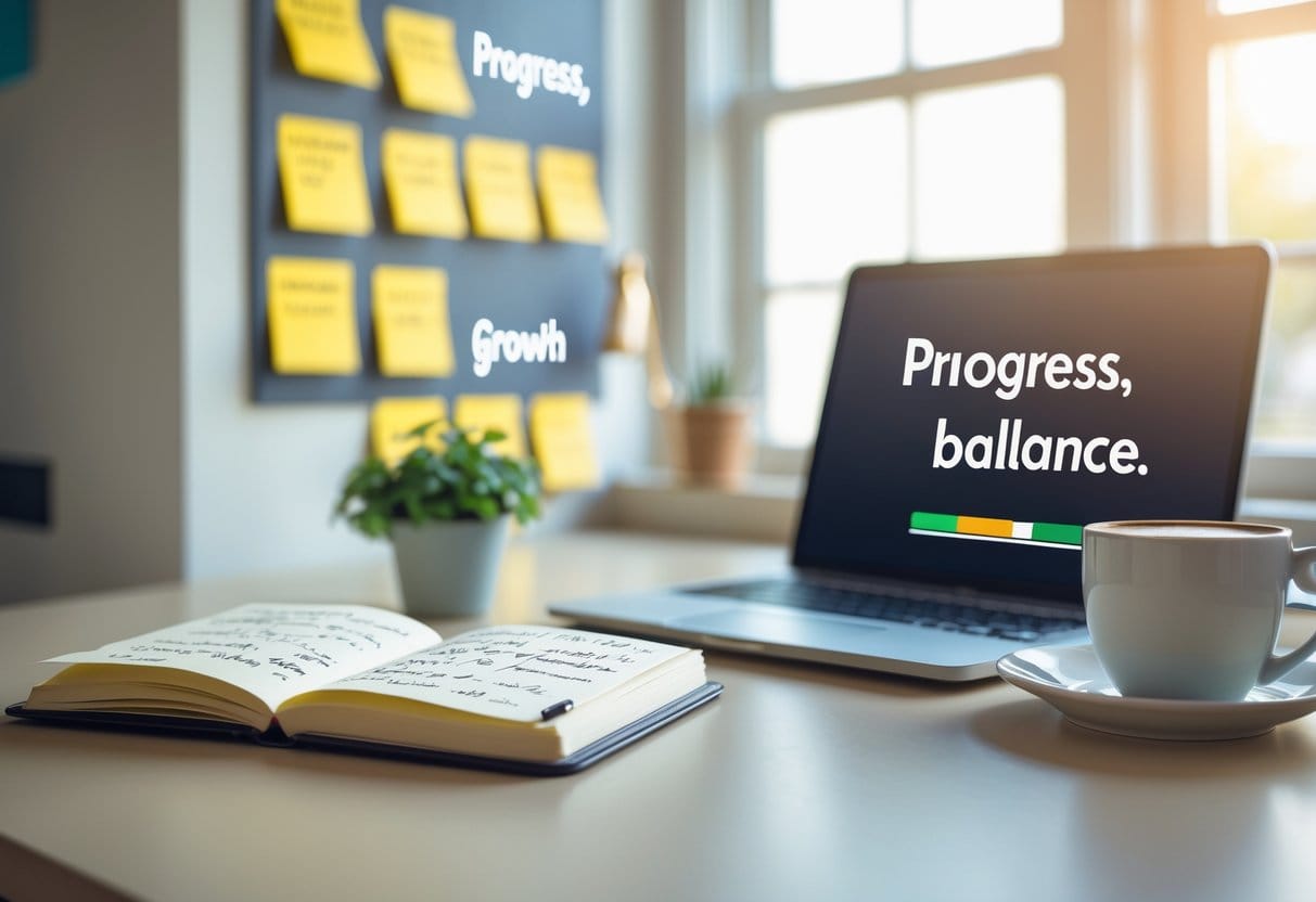 A tidy desk with a notebook, laptop showing partial progress, coffee cup, and a small plant near a window with soft natural light.