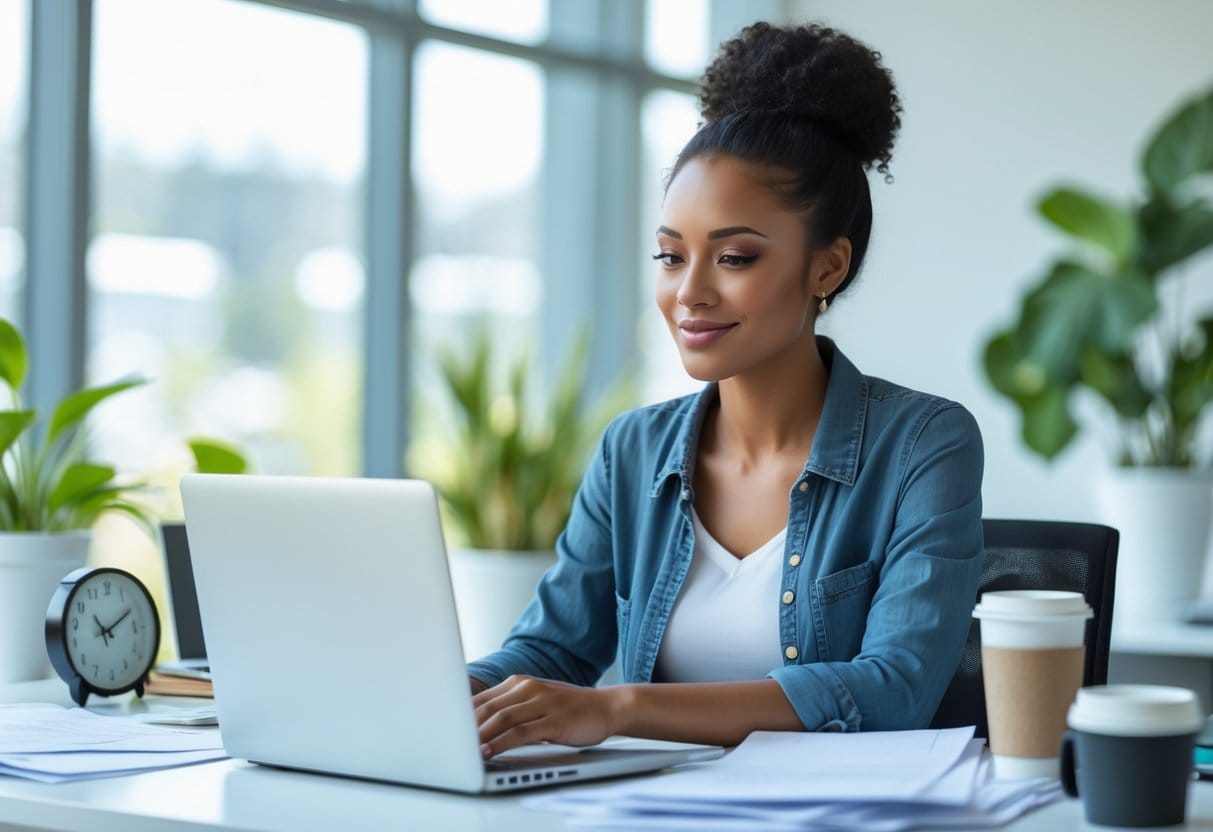 A young woman sitting at a desk in a bright office, calmly reviewing her work with a gentle smile.