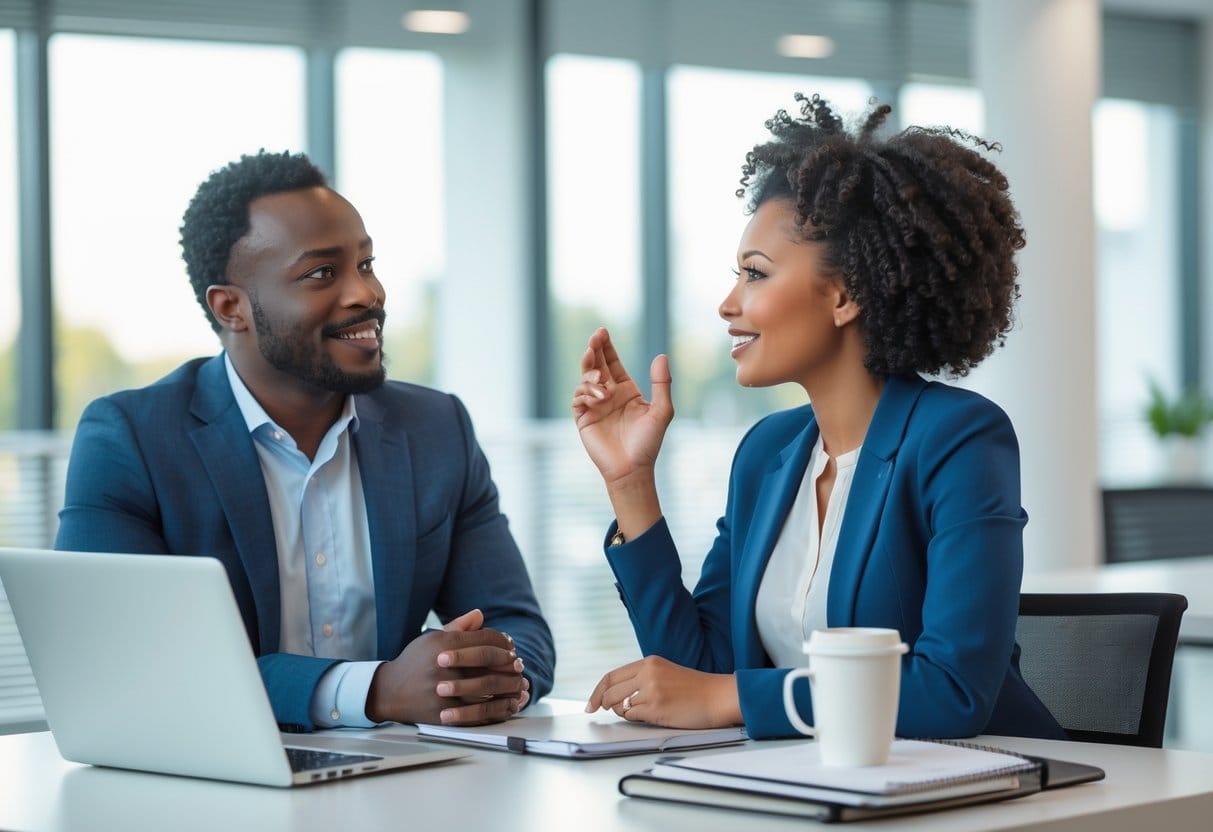 Two colleagues having a constructive feedback conversation in a bright office.