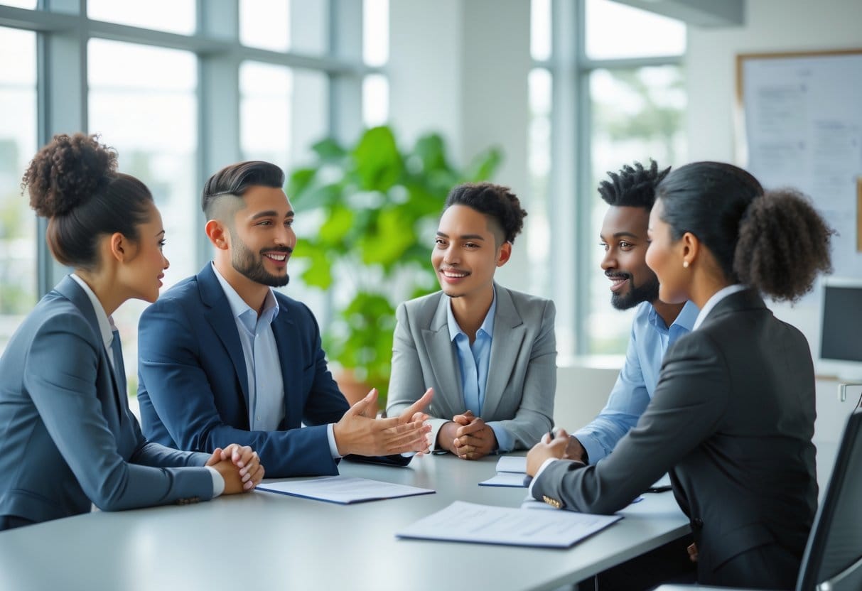 Four business professionals in a modern office engaged in a constructive feedback session, with two talking and two reviewing documents together.