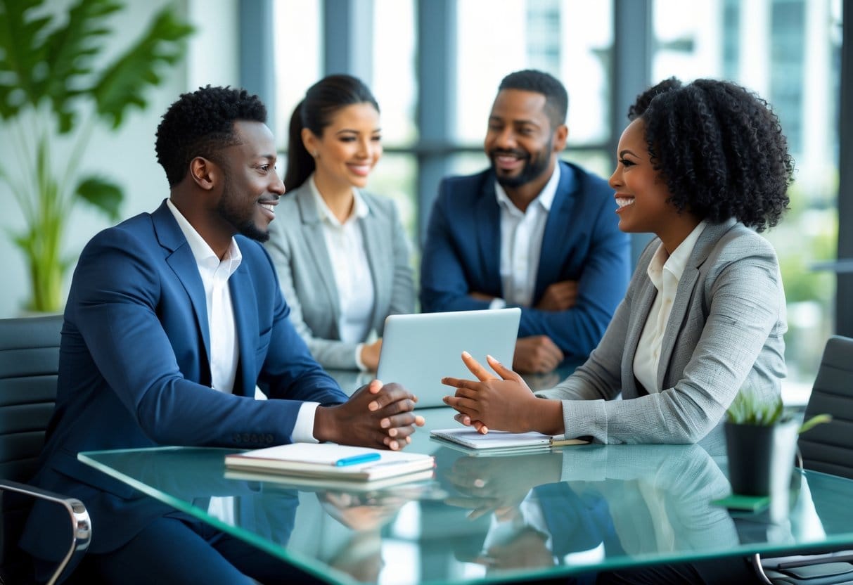 Four business professionals in an office having a positive and engaged conversation around a table, showing constructive feedback and collaboration.