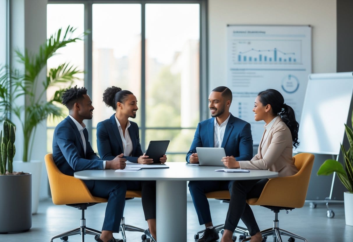 Four business professionals in an office having a constructive feedback conversation around a conference table.