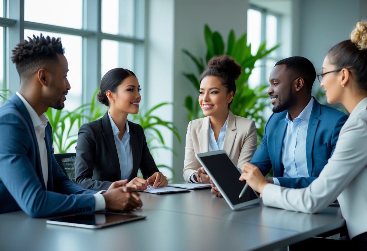 Four business professionals having a constructive feedback discussion around a conference table in an office.