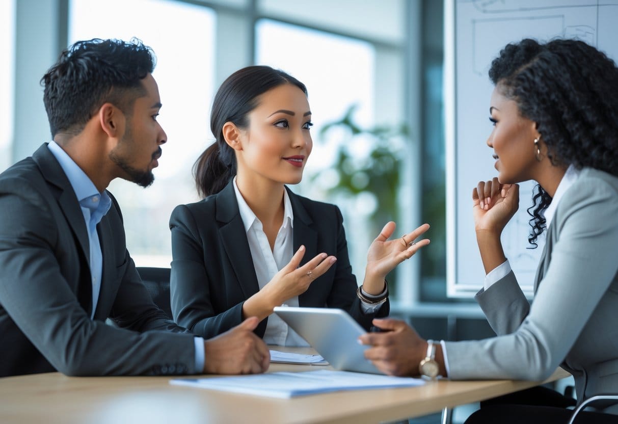 Three business professionals in an office engaged in a constructive feedback conversation, with one person speaking, another listening attentively, and a third taking notes.