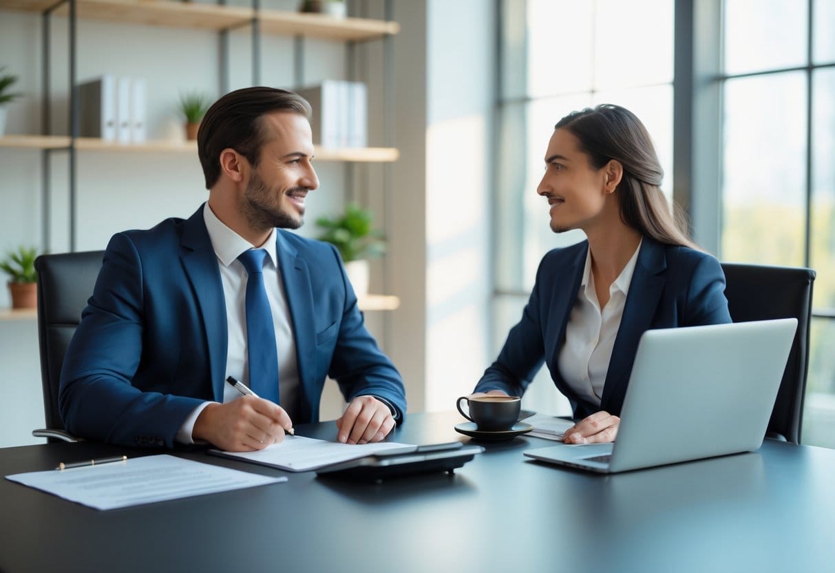 Two business professionals sitting at a conference table engaged in a salary negotiation discussion.