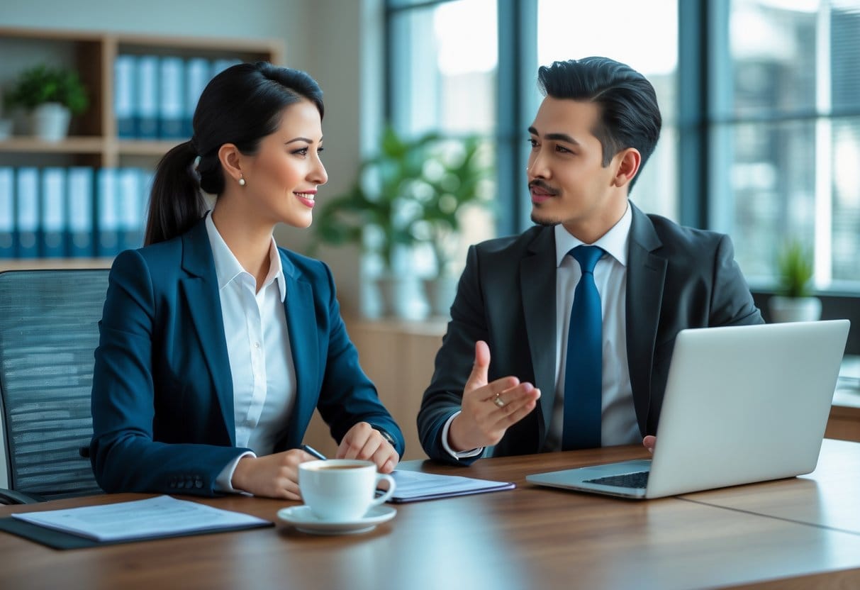 A businesswoman and businessman sitting at a conference table having a professional discussion in an office.