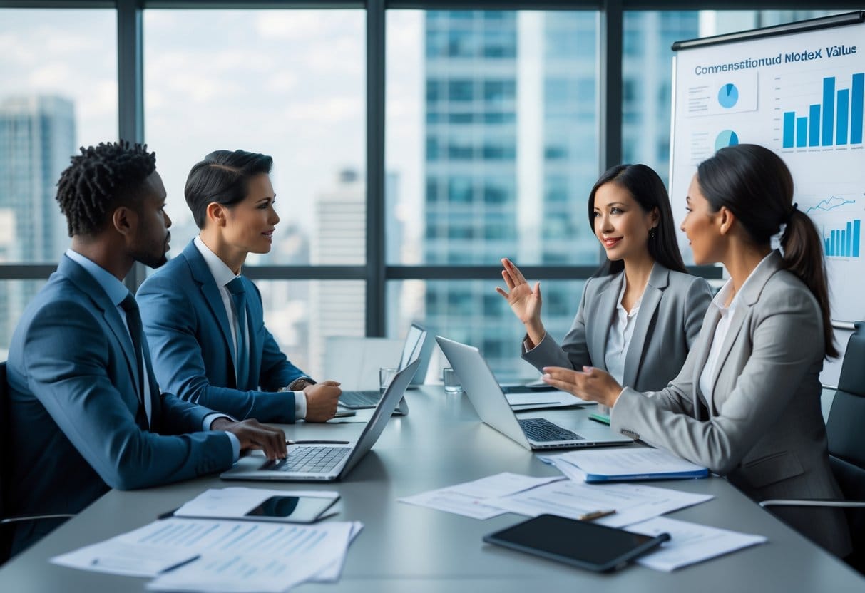 Two business professionals negotiating salary at a conference table with documents and laptops in a modern office.