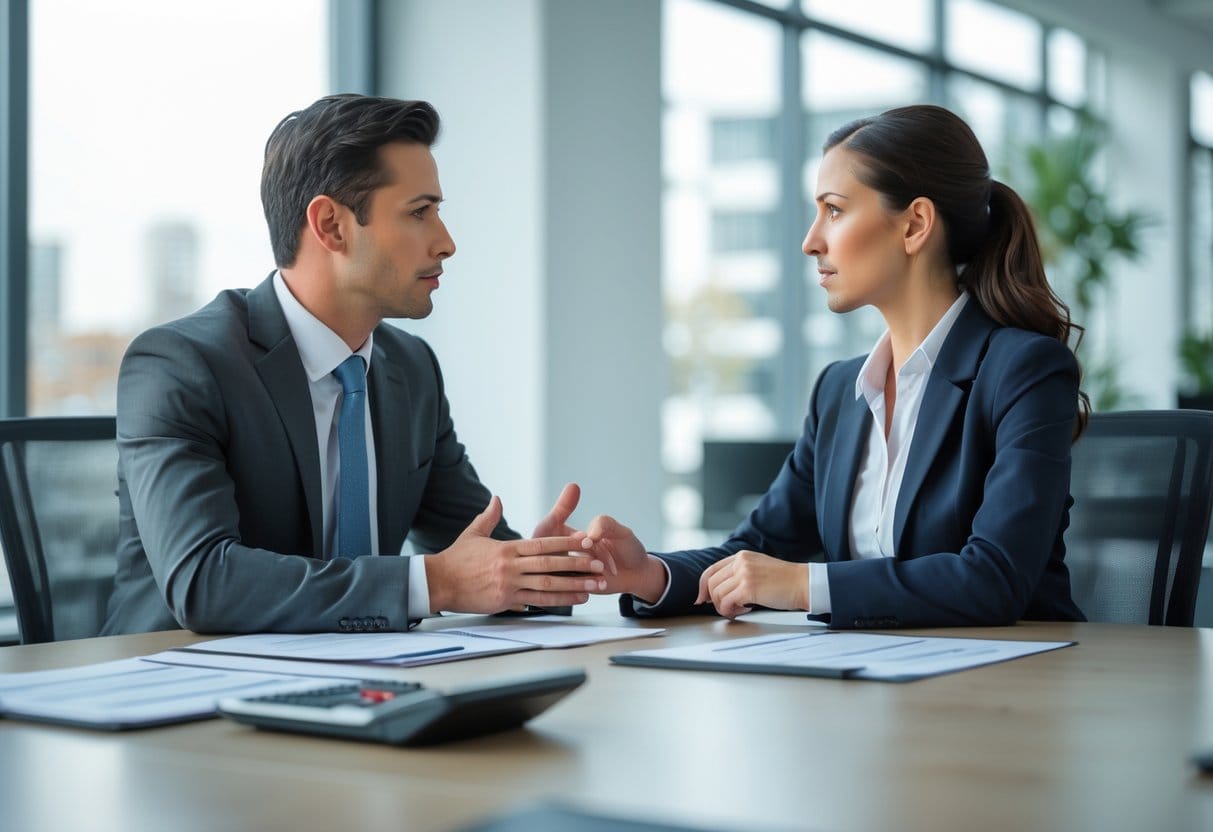 Two professionals sitting at a table in an office, discussing documents and using a laptop during a salary negotiation meeting.