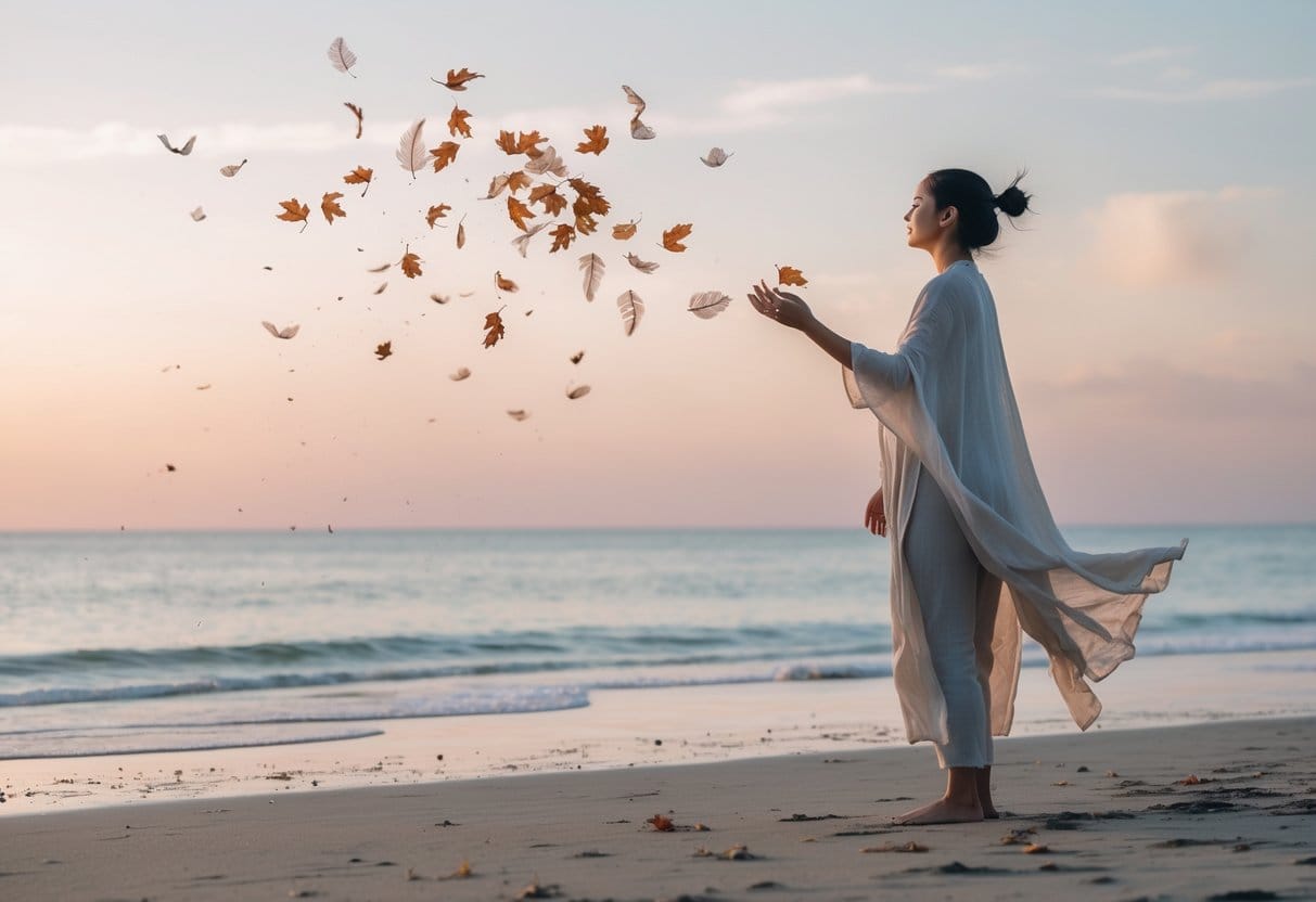 A person standing on a beach at sunrise, releasing feathers into the wind with the ocean and colorful sky in the background.