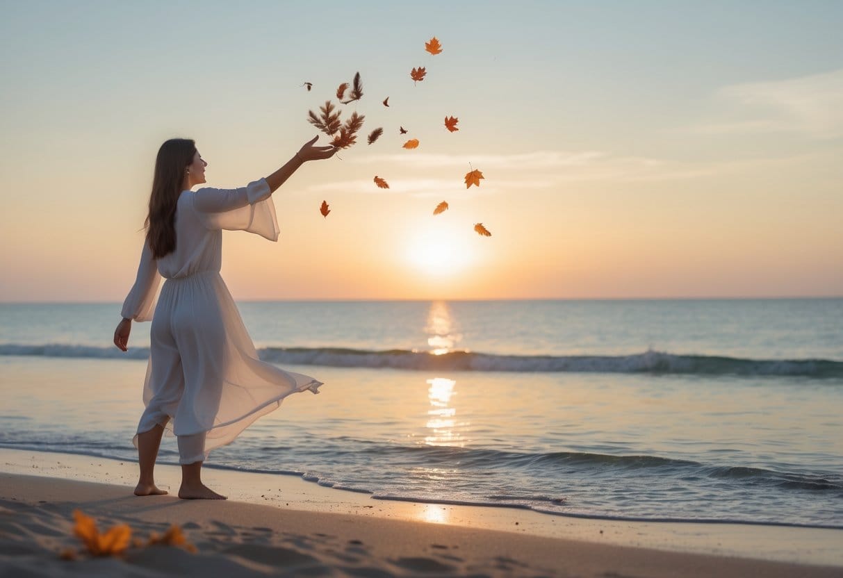A person standing on a beach at sunrise releasing feathers into the breeze with calm ocean waves in the background.