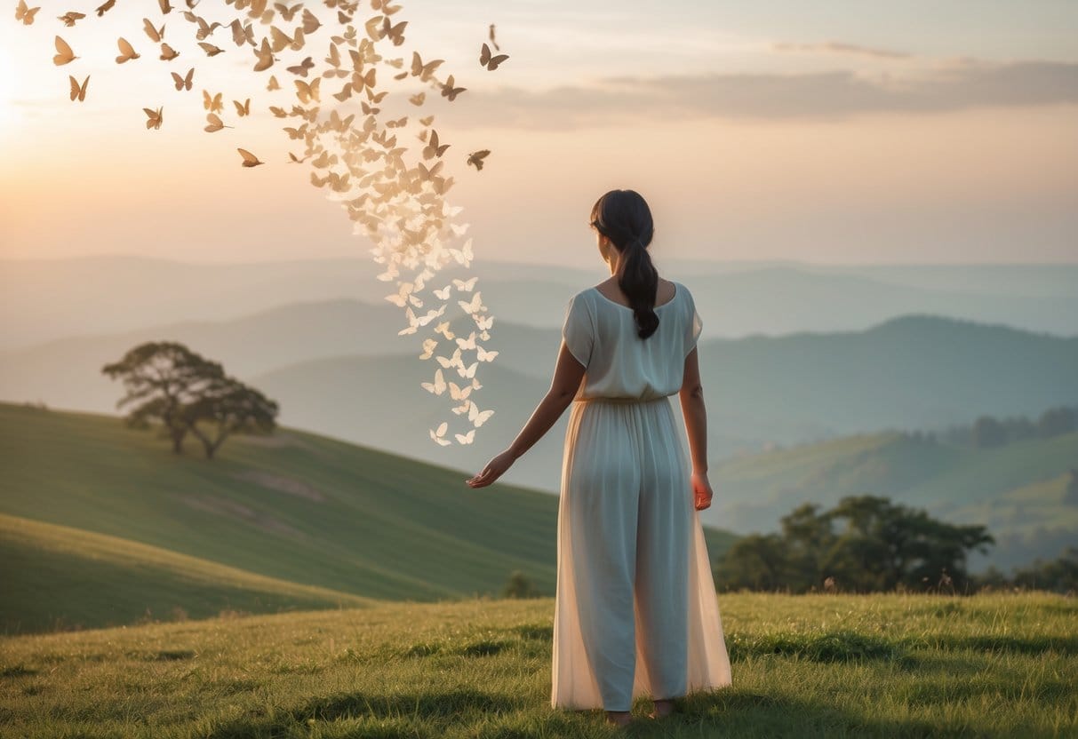 Person standing on a hilltop at sunrise releasing glowing butterflies into the sky, symbolizing letting go and new beginnings.
