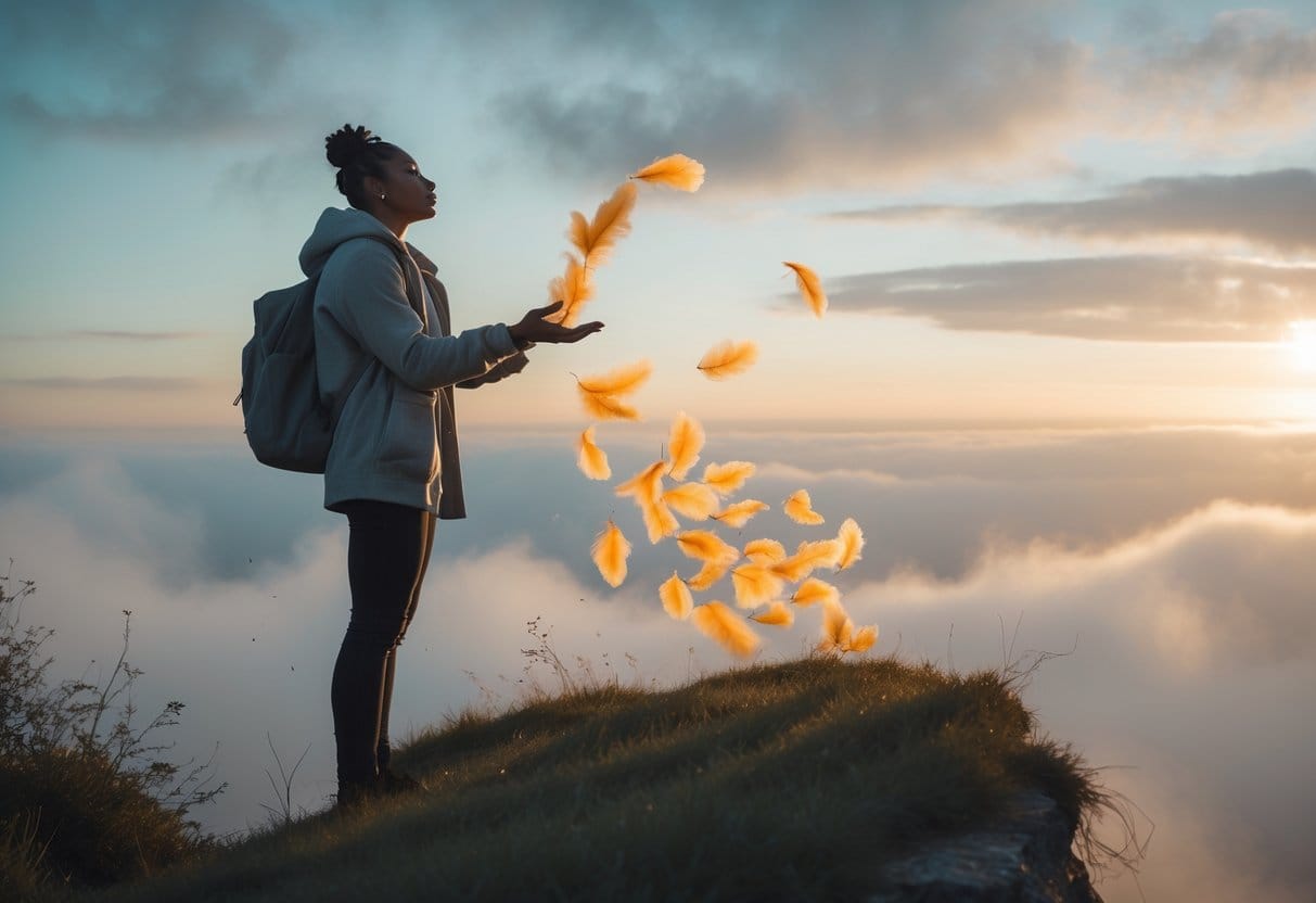 A person standing on a cliff at sunrise, releasing glowing leaves into the wind, looking thoughtful and determined.