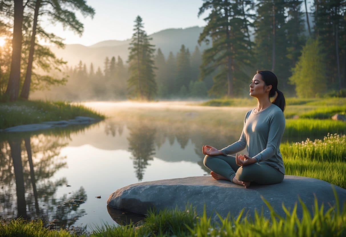 A person meditating peacefully by a calm lake surrounded by trees and mountains at sunrise.
