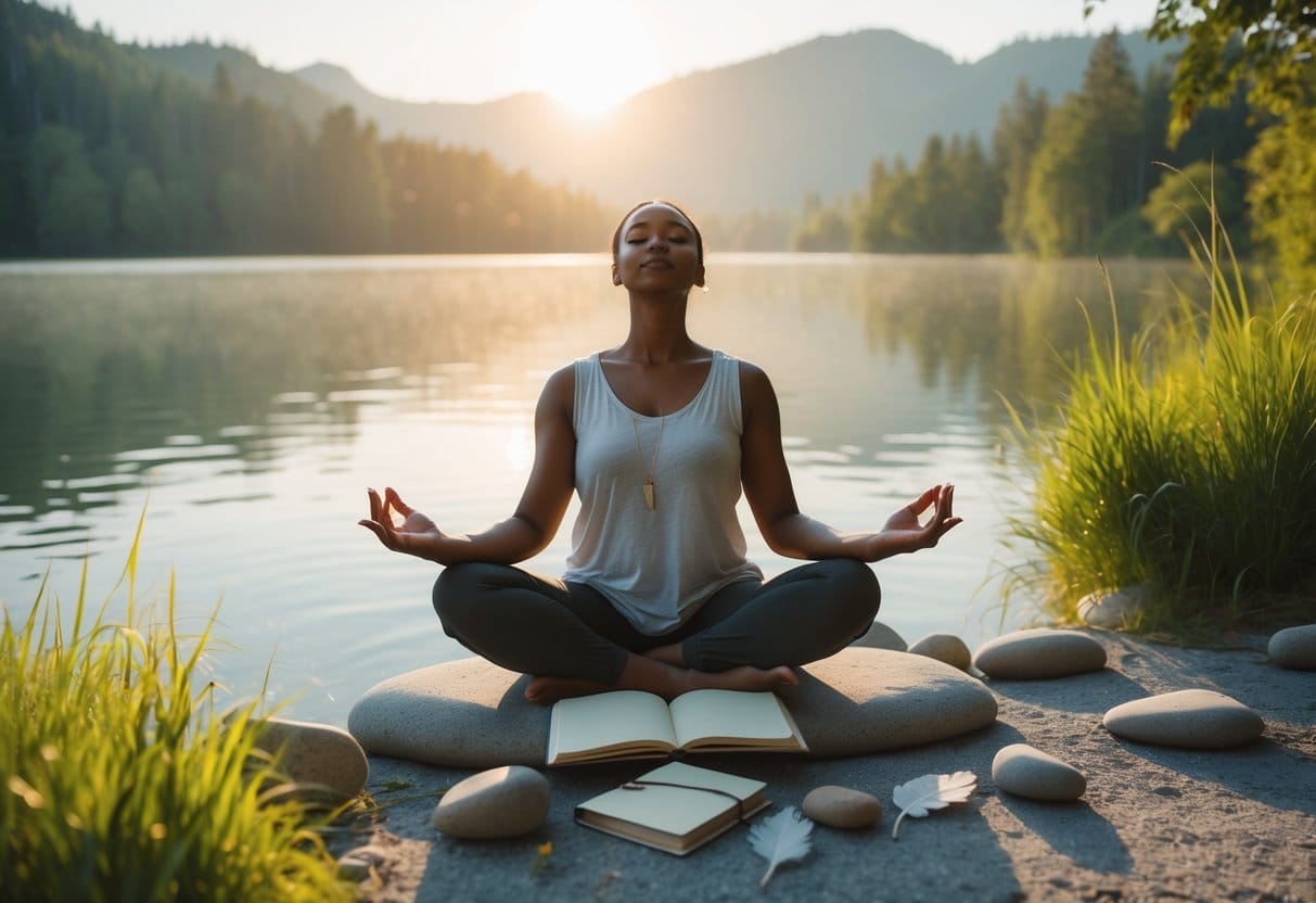 A person meditating by a calm lake at sunrise with open hands, surrounded by nature and symbolic items like a journal and stones.