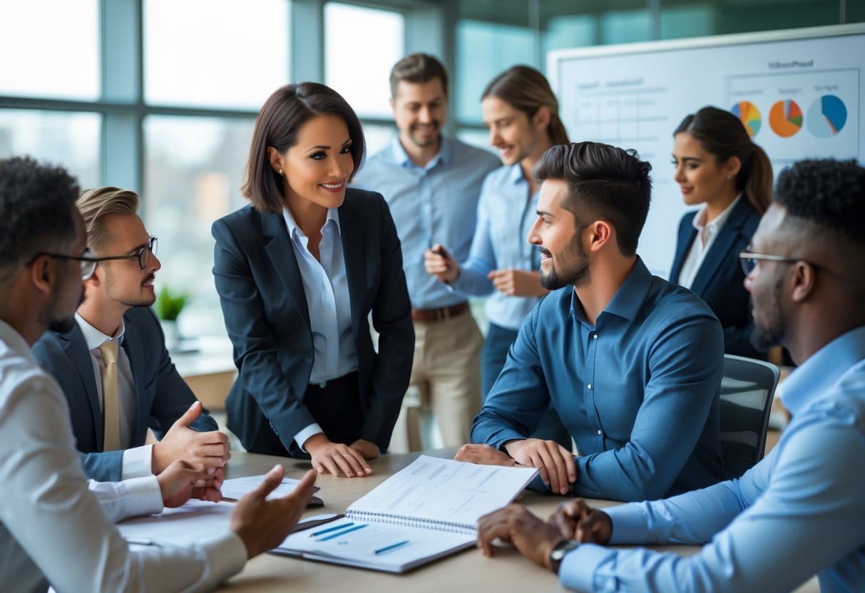 A senior mentor advising a younger employee in a modern office while colleagues collaborate nearby.