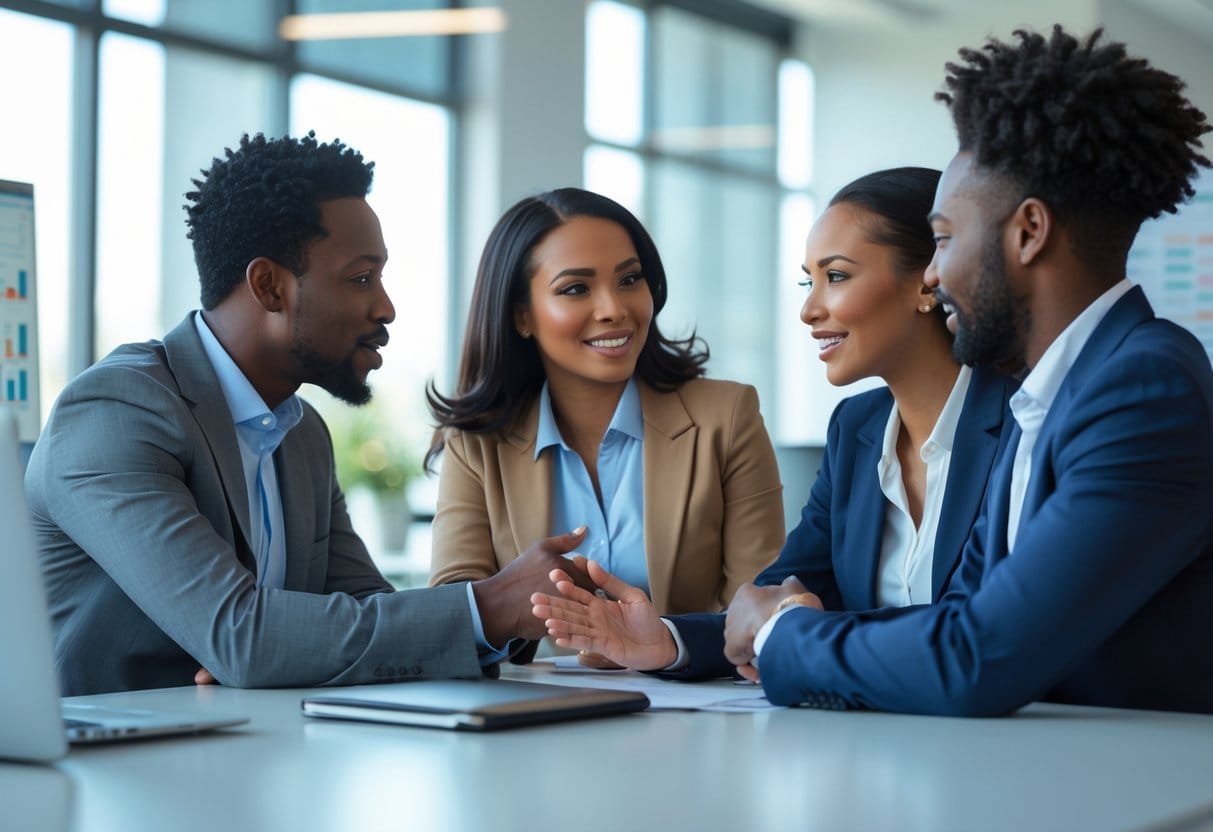 Three business professionals in an office having a supportive and focused conversation about career development.