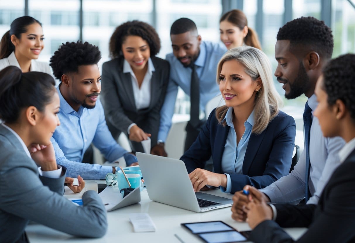 A diverse group of business professionals in an office where an experienced woman mentors a younger man, with others collaborating nearby.