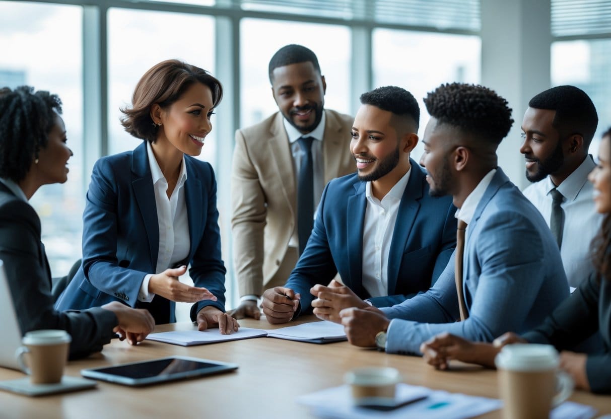 A mentor advises a younger professional in a modern office while colleagues collaborate nearby.