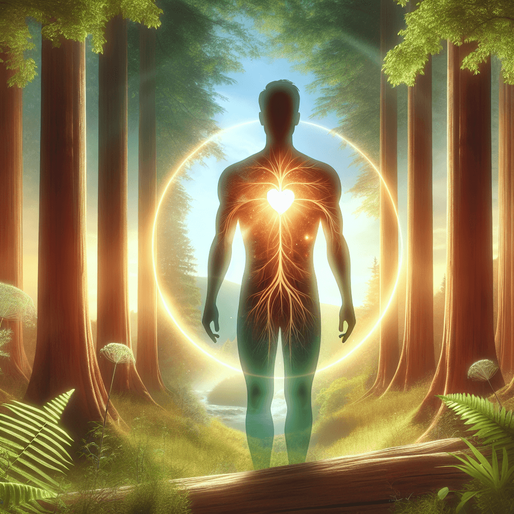 A stylized visual of a person standing in a lush, sun-dappled forest, with a subtle, serene glow around them, and their silhouette's 'chest' showing a vibrant, healthy heart or a calm, clear brain, symbolizing nature's healing power. Use soft, natural light and a peaceful aesthetic.