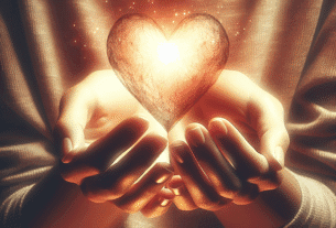 A stylized image of a person's hands gently holding their own heart, which is glowing with a warm, soft light, symbolizing self-kindness and care. Use a serene, empathetic, and gentle aesthetic.