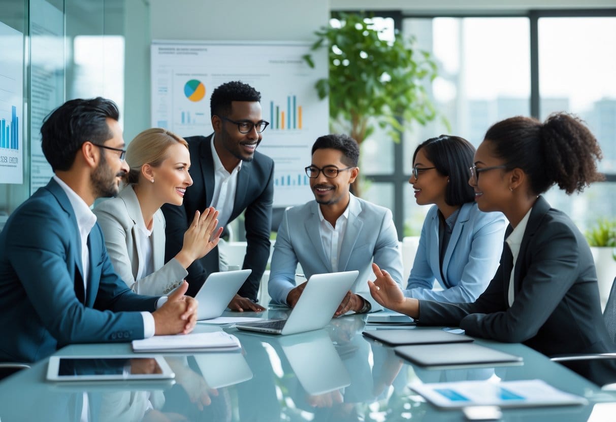 A diverse group of business professionals having a respectful and engaged discussion around a conference table in a modern office.