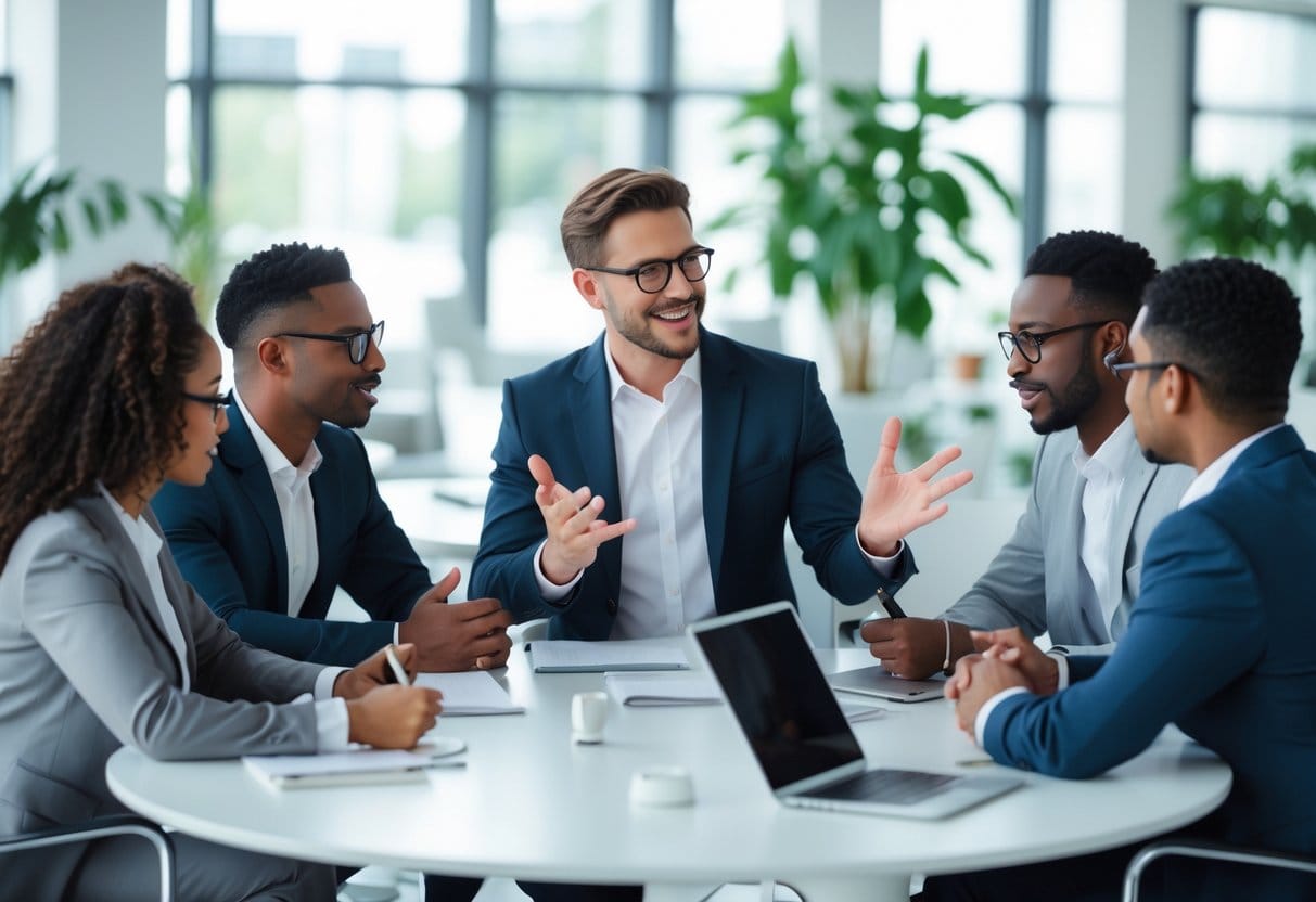 A group of business professionals having a focused discussion around a conference table in a bright office.