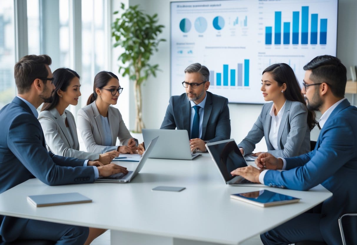 A diverse group of business professionals discussing ideas around a conference table with laptops and charts in a bright office.
