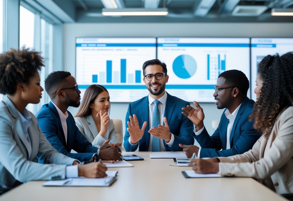 A diverse group of people having a respectful discussion in a modern office conference room.