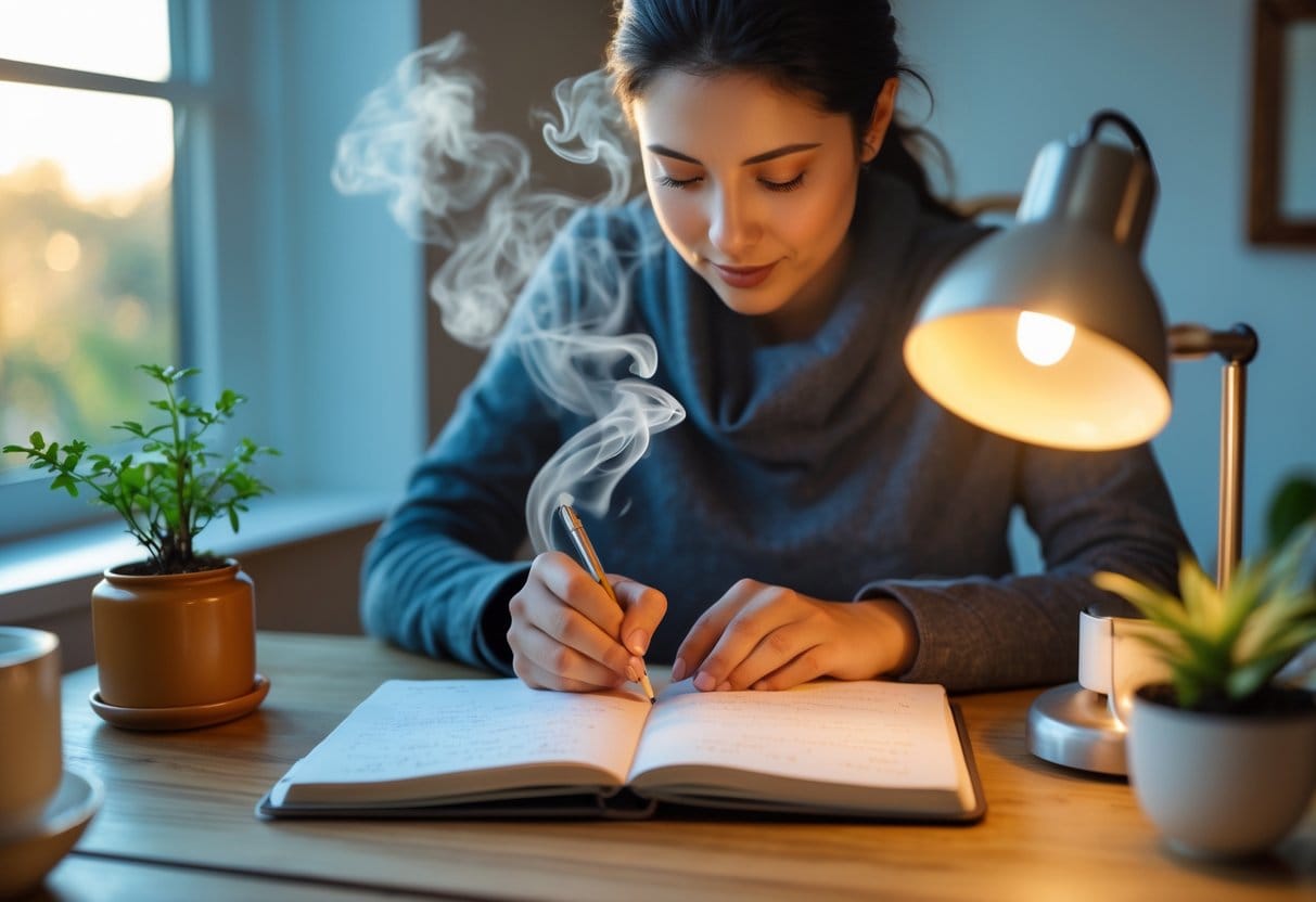 A person writing thoughtfully in a notebook at a wooden desk with a cup of tea and a plant nearby in a bright, cozy room.