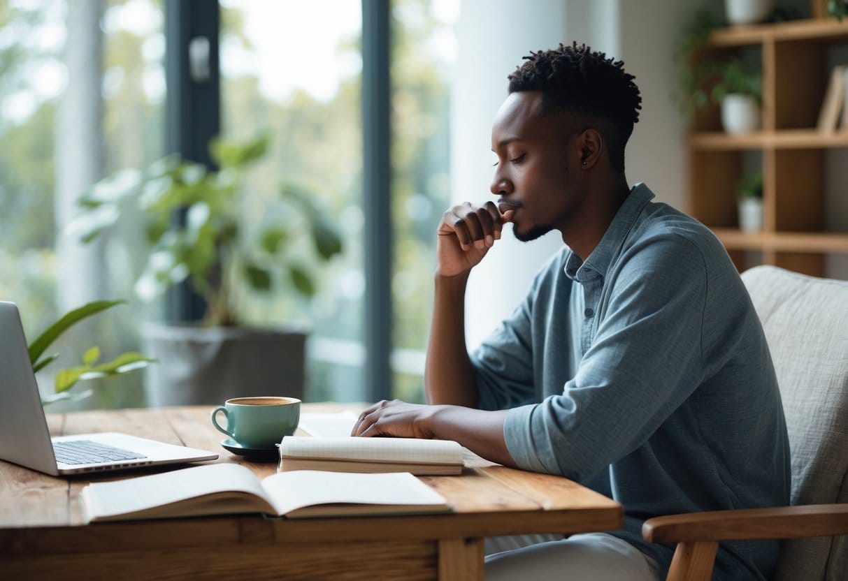 A person sitting at a desk by a window, writing thoughtfully with notebooks and a laptop nearby in a peaceful room.